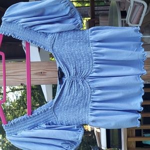 Forever 21 Blue puff sleeve cropped babydoll flowy top Sz M